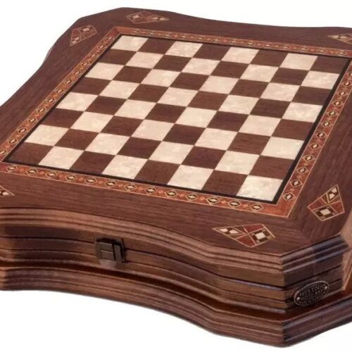 Helena Wood Art, Handgefertigtes Holz Schachbrett mit Aufbewahrungssystem, Schachfiguren aus Metall, Deluxe Edition, Schachspiel, Schachset, 38,5 x 38,5 cm