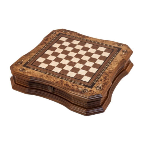 Helena Wood Art, Handgefertigtes Holz Schachbrett mit Aufbewahrungssystem, Schachfiguren aus Metall, Deluxe Edition, Schachspiel, Schachset, 38,5 x 38,5 cm
