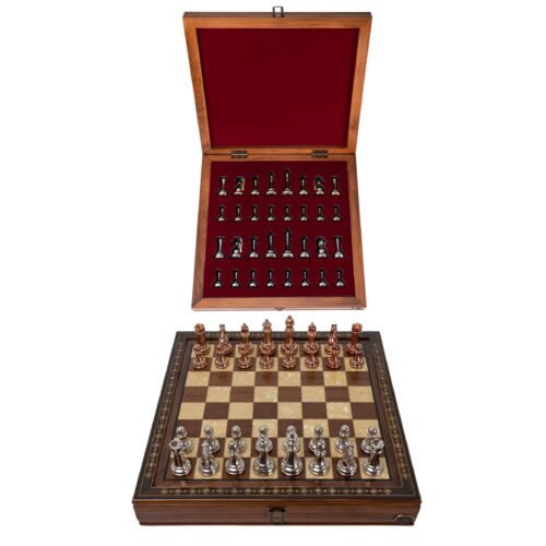Helena Wood Art, Handgefertigtes Holz Schachbrett mit Aufbewahrungssystem, Schachfiguren aus Metall, Deluxe Edition, Schachspiel, Schachset, 40 x 40 cm
