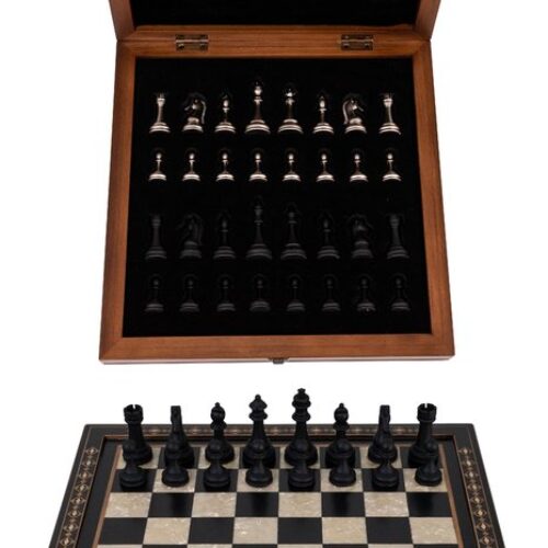 Helena Wood Art, Handgefertigtes Holz Schachbrett mit Aufbewahrungssystem, Schachfiguren aus Metall, Deluxe Edition, Schachspiel, Schachset, 40 x 40 cm