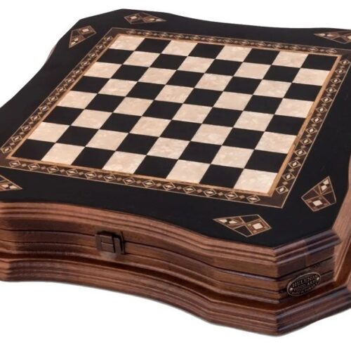 Helena Wood Art, Handgefertigtes Holz Schachbrett mit Aufbewahrungssystem, Schachfiguren aus Metall, Deluxe Edition, Schachspiel, Schachset, 38,5 x 38,5 cm