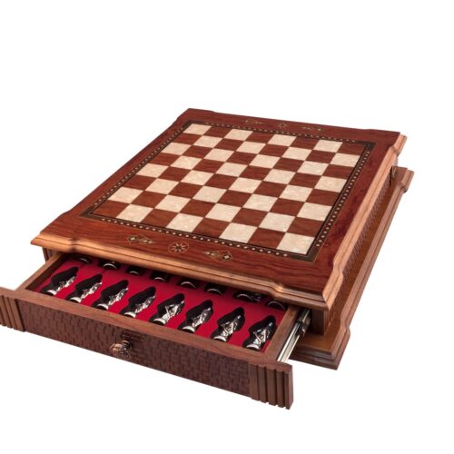 Helena Wood Art, Handgefertigtes Holz Schachbrett mit Aufbewahrungssystem,  Römische Schachfiguren aus Metall, Deluxe Edition, Schachspiel, Schachset, 34,5 x 34,5 cm