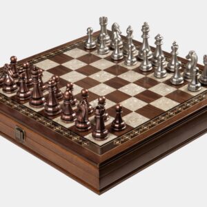 Helena Wood Art, Handgefertigtes Holz Schachbrett mit Aufbewahrungssystem, Schachfiguren aus Metall, Deluxe Edition, Schachspiel, Schachset, 32 x 32 cm