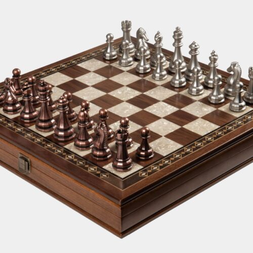 Helena Wood Art, Handgefertigtes Holz Schachbrett mit Aufbewahrungssystem, Schachfiguren aus Metall, Deluxe Edition, Schachspiel, Schachset, 32 x 32 cm
